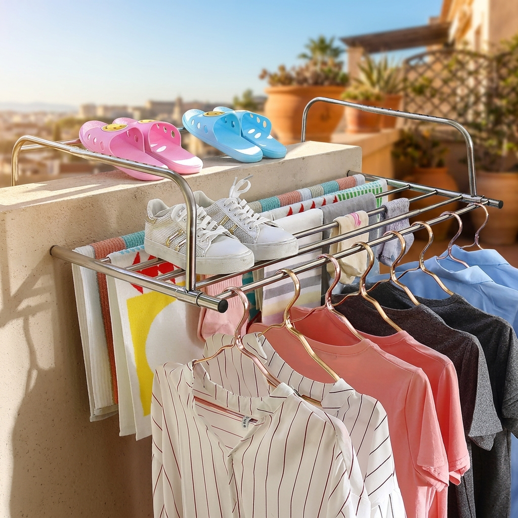 Foldable clothes drying rack on a balcony - lifestyle
