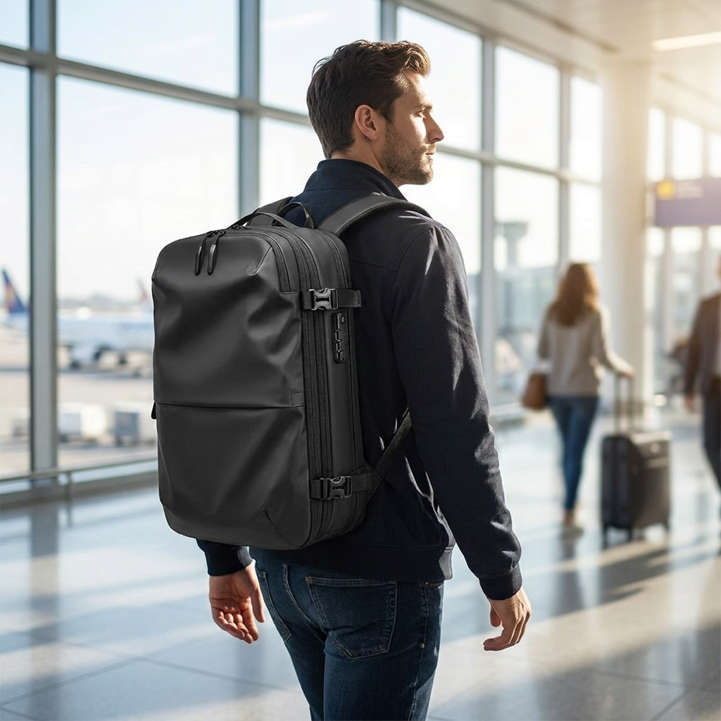 Traveler wearing a compression travel backpack - lifestyle