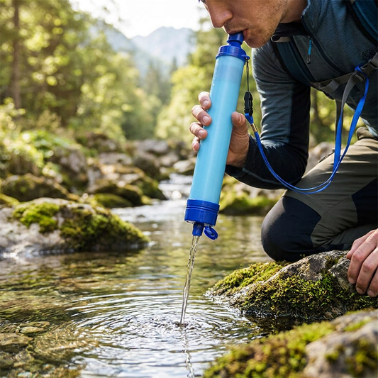 Hiker drinking from a portable water filter straw - lifestyle