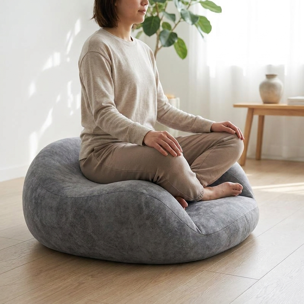 Person meditating on a meditation cushion - lifestyle