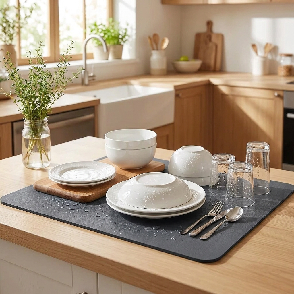 Dish drying mat with dishes on a kitchen counter - lifestyle