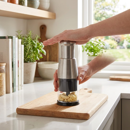 Garlic chopper chopping garlic in a kitchen - lifestyle