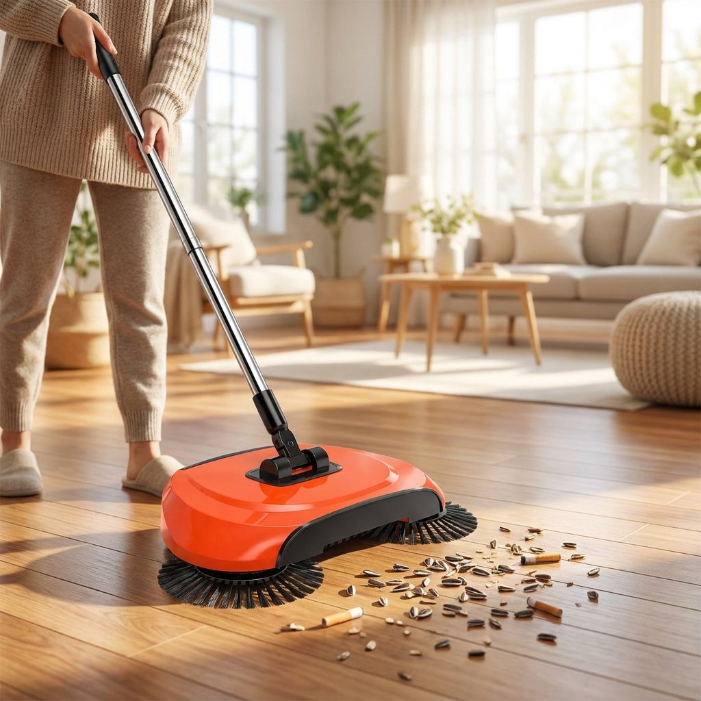 Person sweeping with a 2-in-1 rotating broom - lifestyle