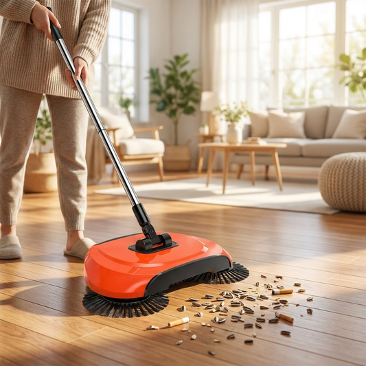 Person sweeping with a 2-in-1 rotating broom - lifestyle