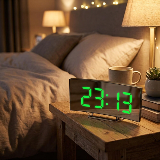 Curved LED mirror alarm clock on a bedside table - lifestyle