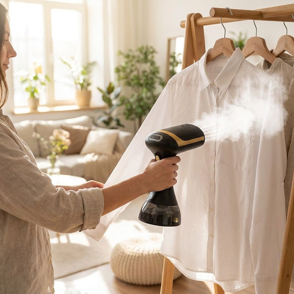 Person steaming a shirt with a garment steamer - lifestyle