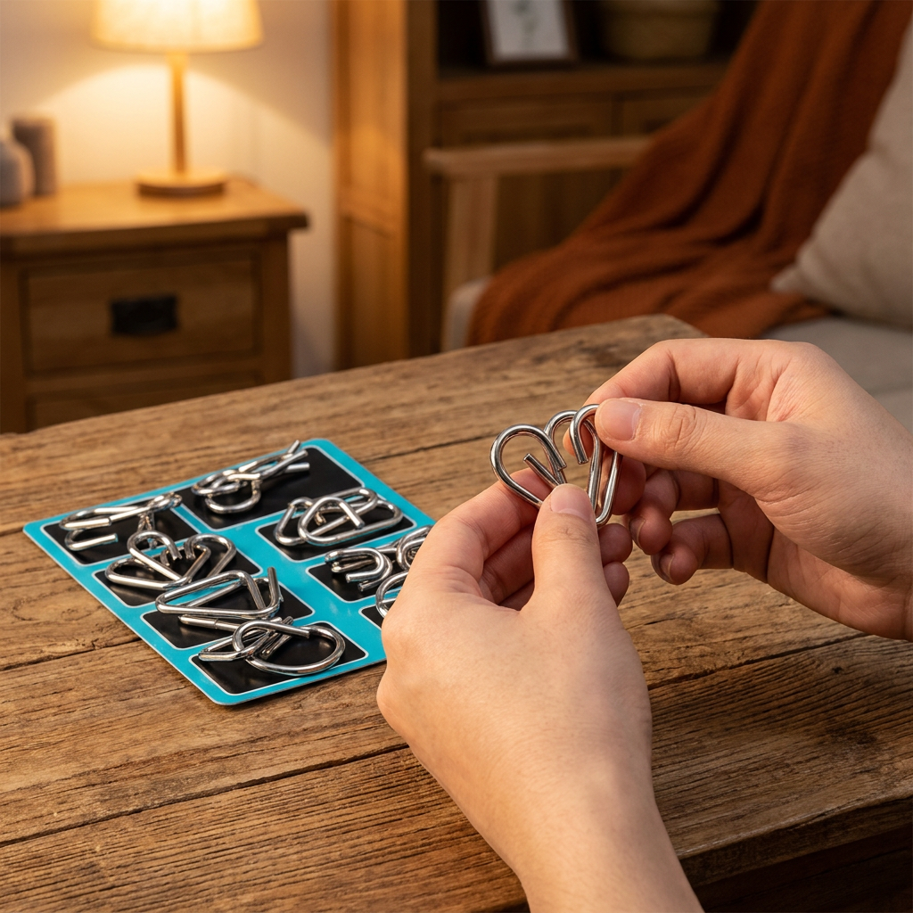 Hands solving a metal puzzle ring set - lifestyle