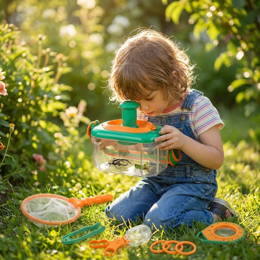 Child using an insect exploration kit outdoors - lifestyle