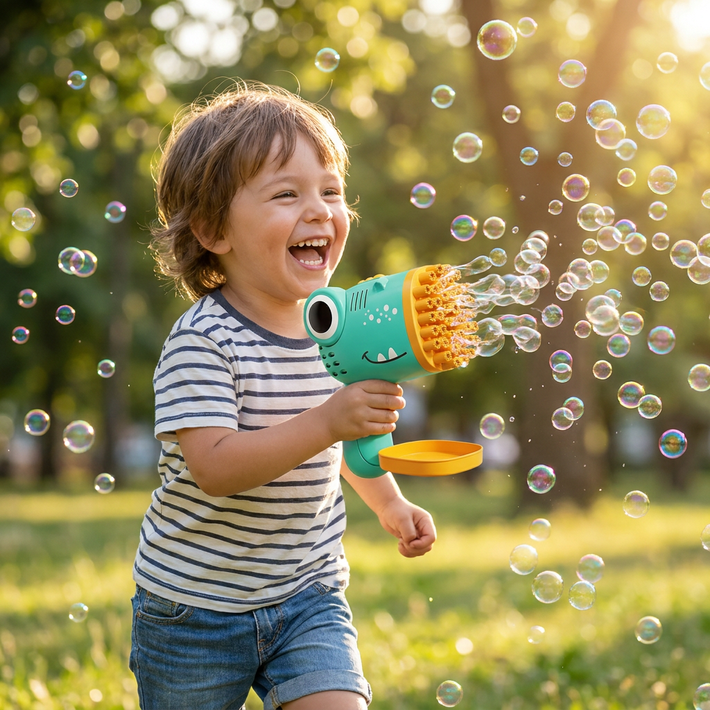 Child playing with a bubble gun outdoors - lifestyle
