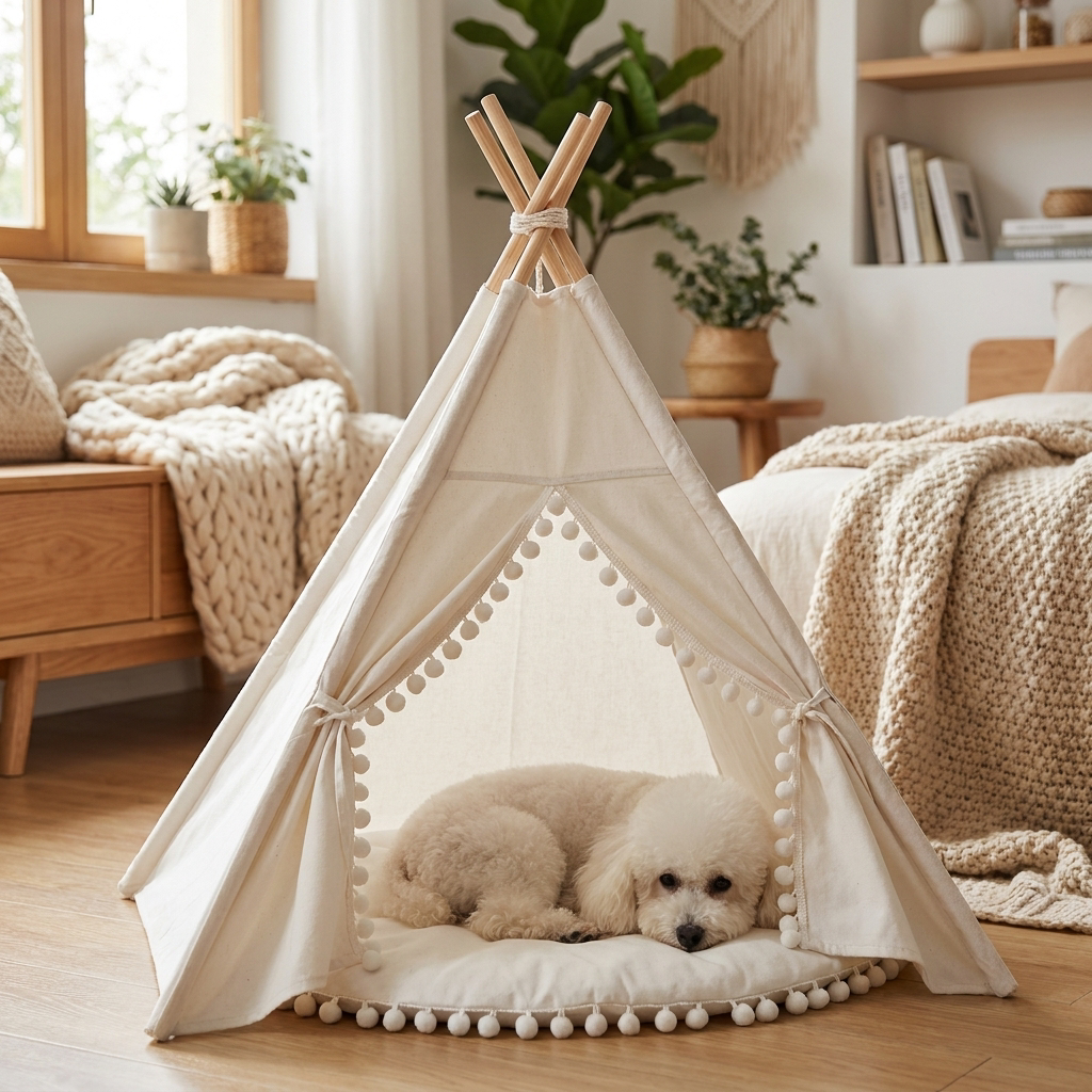 Bohemian pet teepee with a dog in a living room - lifestyle