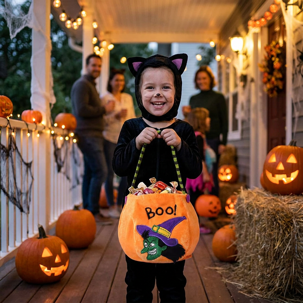 Child holding a pumpkin Halloween treat bag - lifestyle