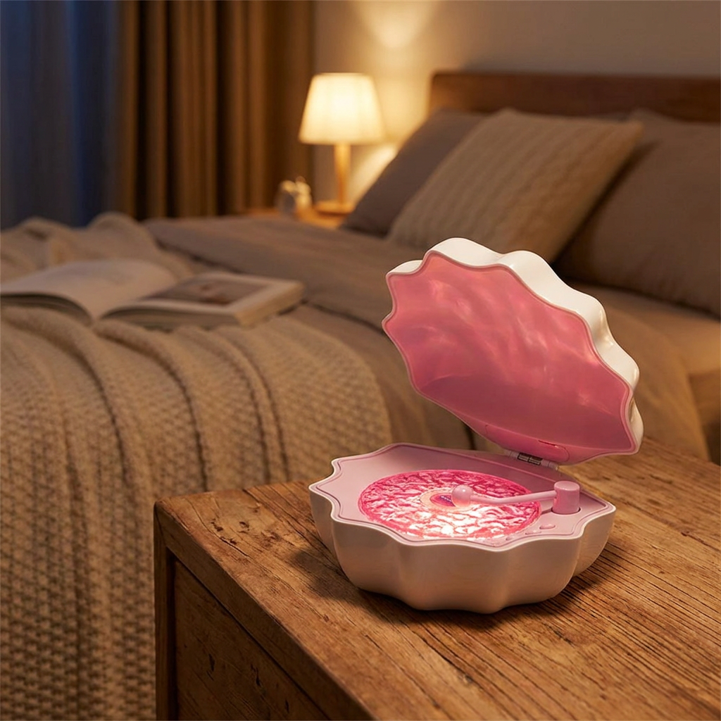 Shell Bluetooth speaker glowing on a bedside table - lifestyle