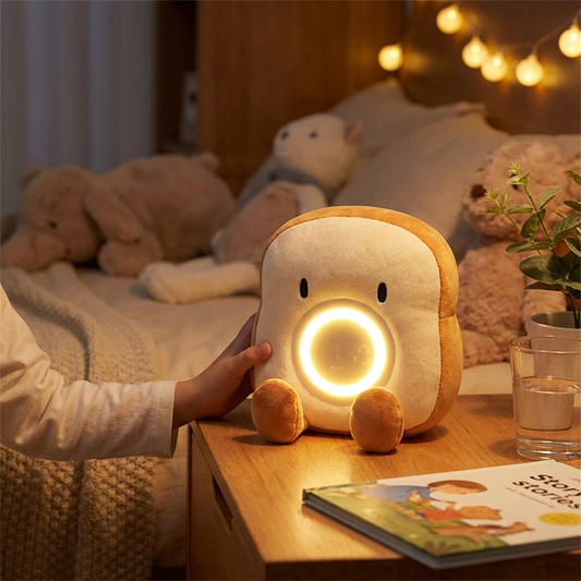 Plush alarm clock with night light on a nightstand - lifestyle