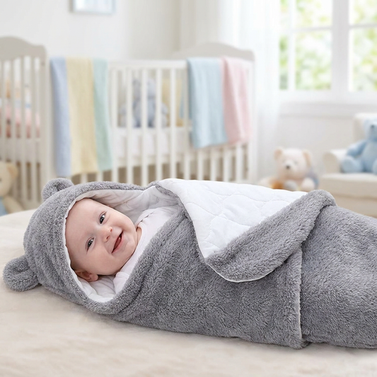 Baby wearing bear pajamas in a nursery - lifestyle
