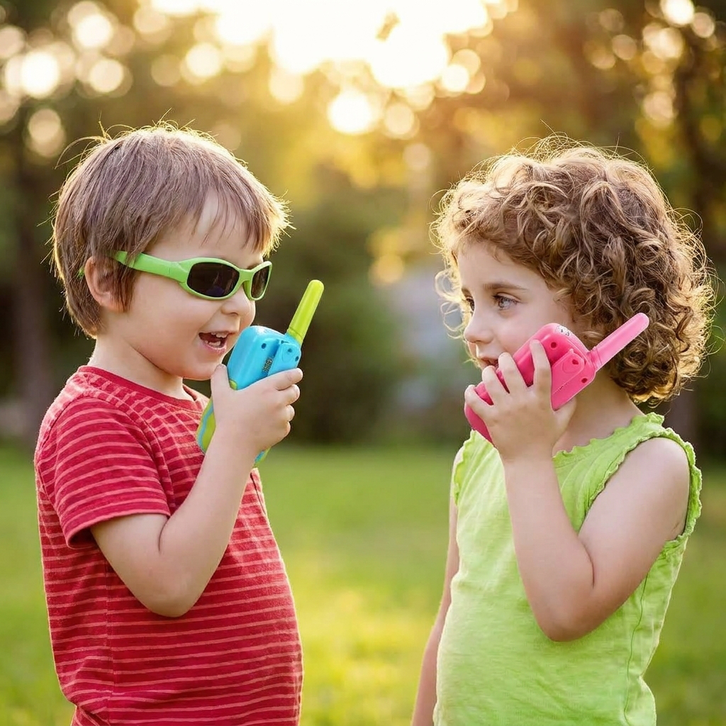Kids playing with walkie talkies outdoors - lifestyle