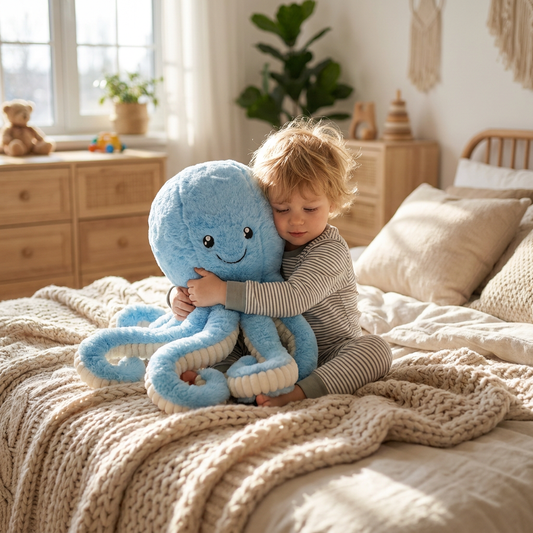 Child hugging a giant octopus plush on a bed - lifestyle