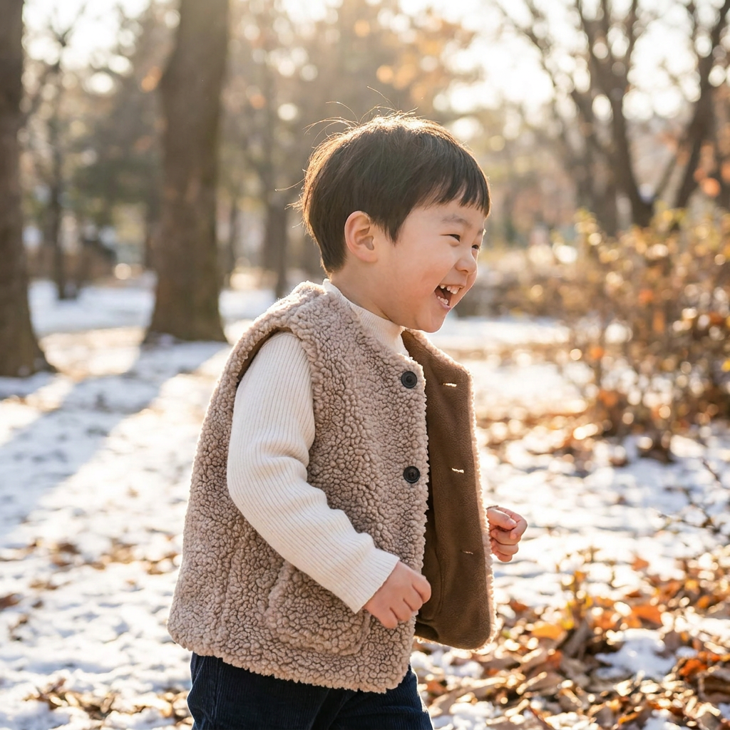 Child wearing a lamb wool waistcoat outdoors - lifestyle