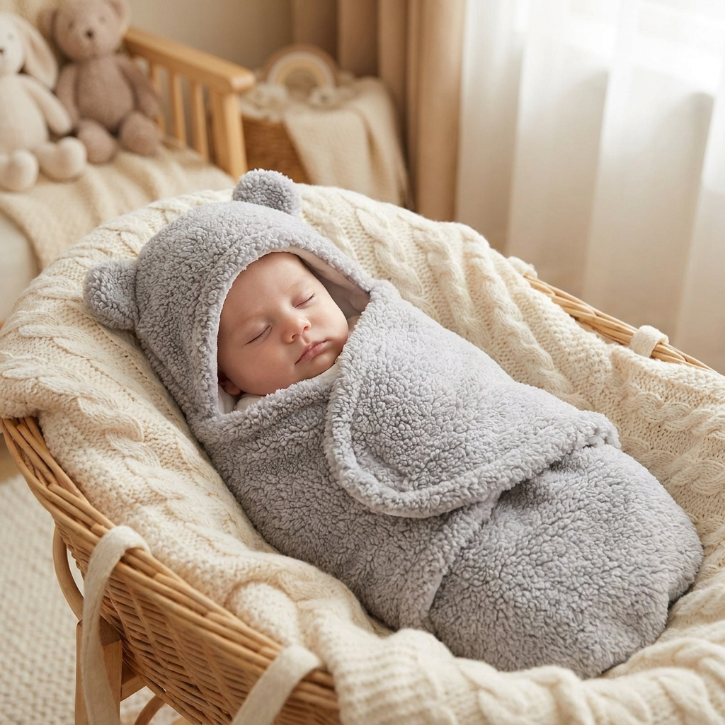 Baby swaddled in a swaddle blanket in a nursery - lifestyle