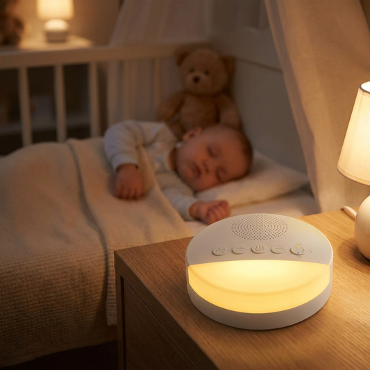 Baby white noise machine on a nightstand in a nursery - lifestyle