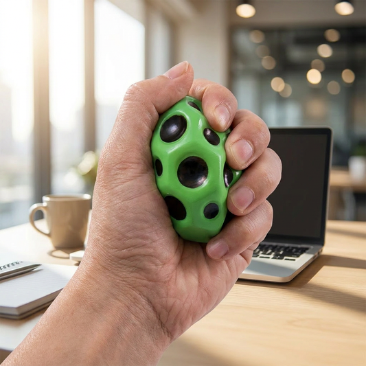 Hand squeezing a stress relief bouncy ball at a desk - lifestyle