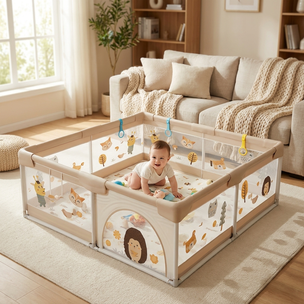 Baby playing inside a baby playpen in a living room - lifestyle