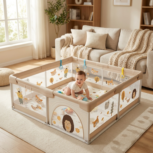 Baby playing inside a baby playpen in a living room - lifestyle