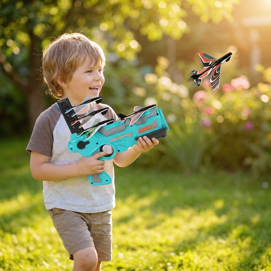 Child launching an aircraft launcher toy outdoors - lifestyle
