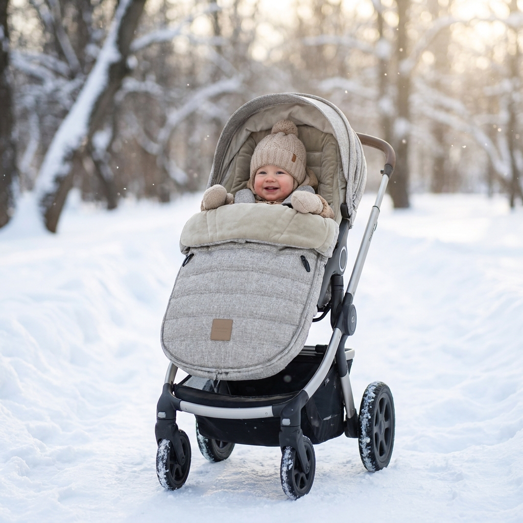 Baby snug in a stroller footmuff outdoors - lifestyle