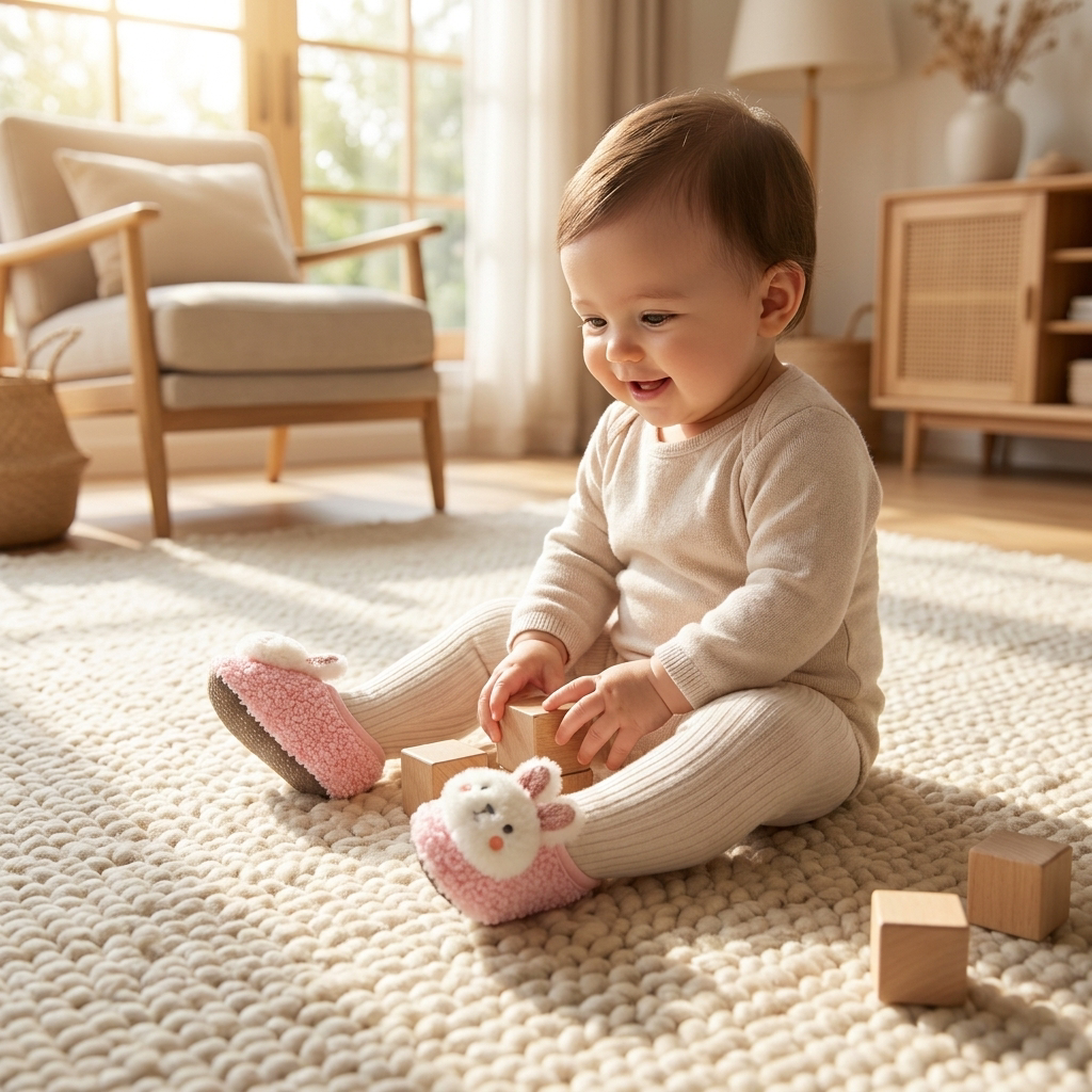 Baby wearing soft sock shoes on a rug - lifestyle
