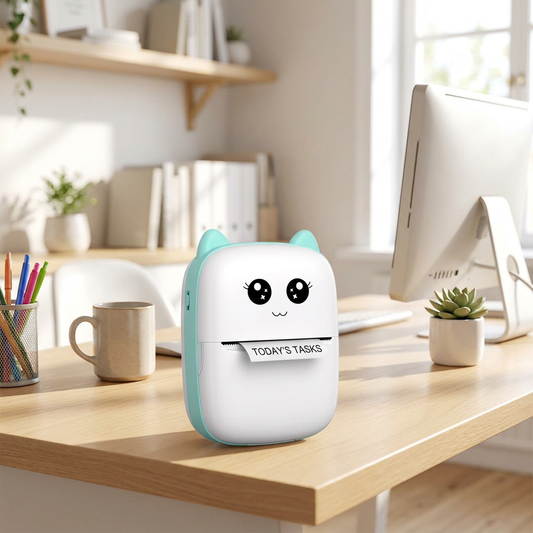Mini thermal label printer printing on a desk - lifestyle
