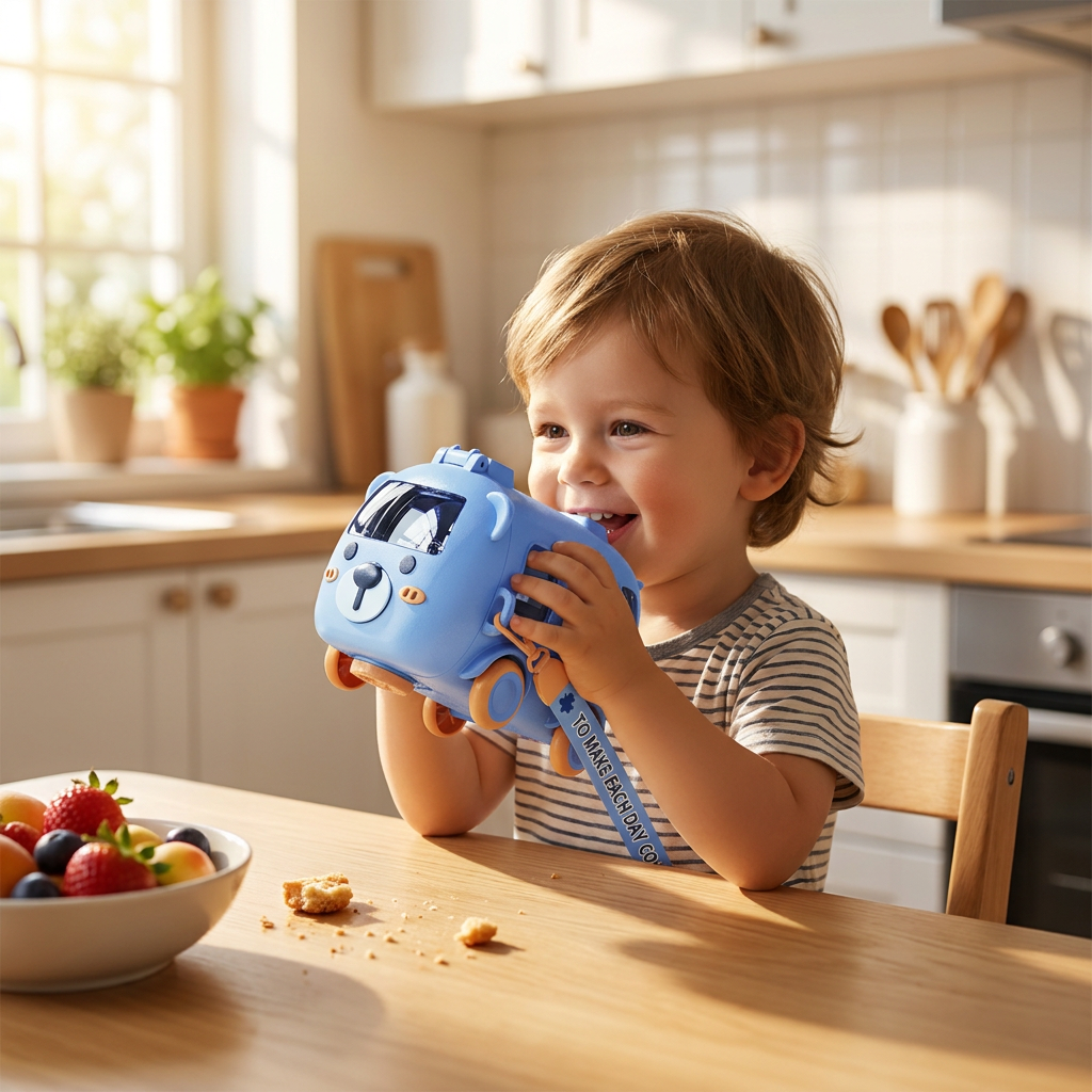 Child drinking from a cartoon bus water bottle - lifestyle