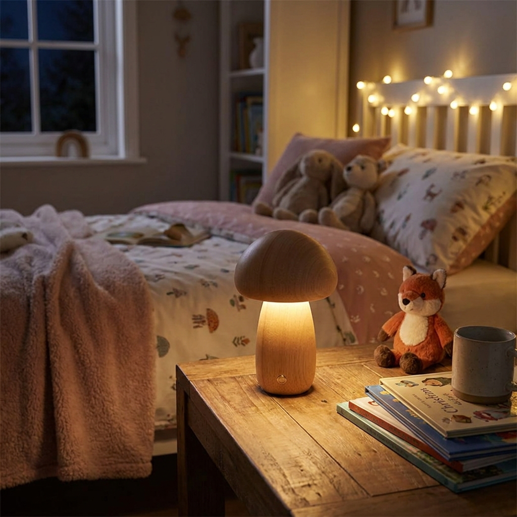 Mushroom night light glowing on a bedside table - lifestyle