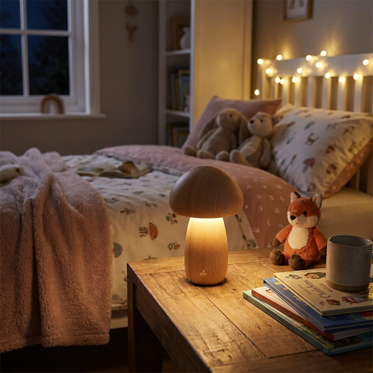 Mushroom night light glowing on a bedside table - lifestyle
