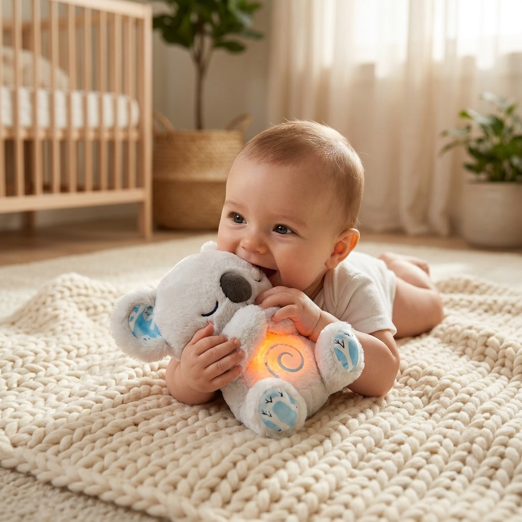 Baby playing with a plush toy in a nursery - lifestyle
