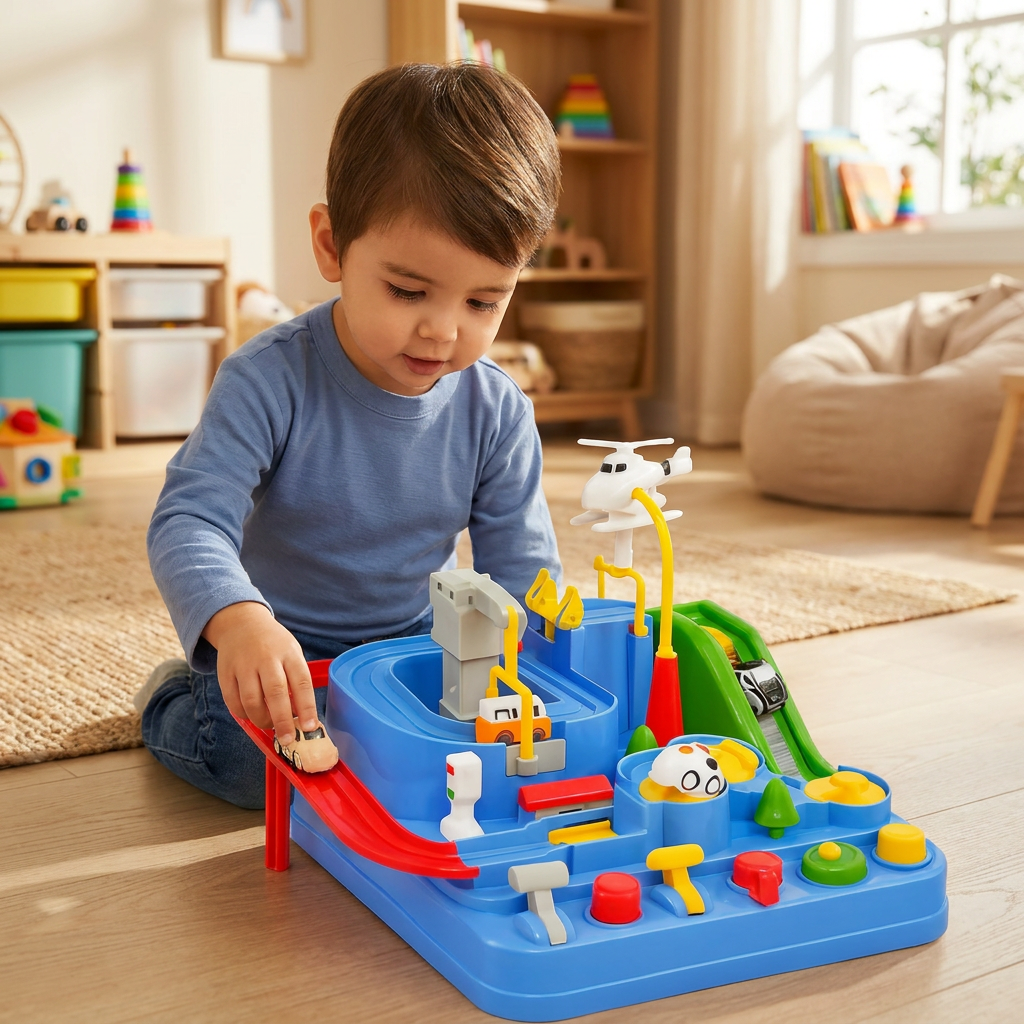 Child playing with a mechanical vehicle track game - lifestyle