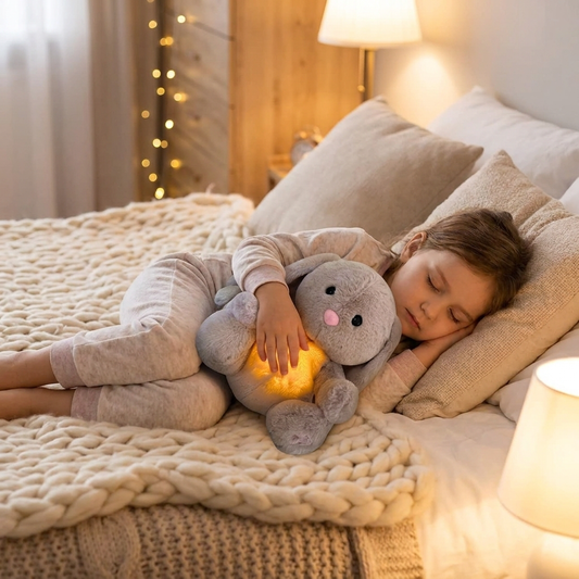Child cuddling a breathing stuffed bunny - lifestyle