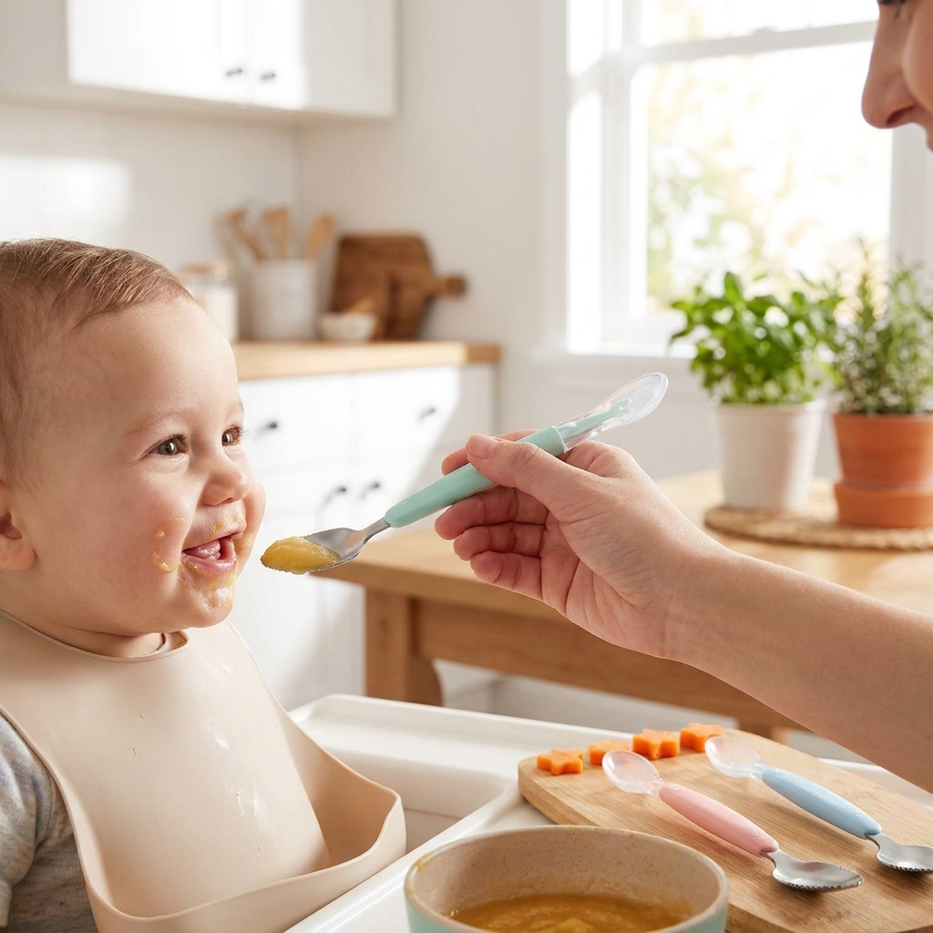 Parent feeding a baby with a silicone food spoon - lifestyle