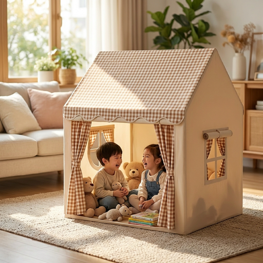 Children playing inside a playhouse tent - lifestyle