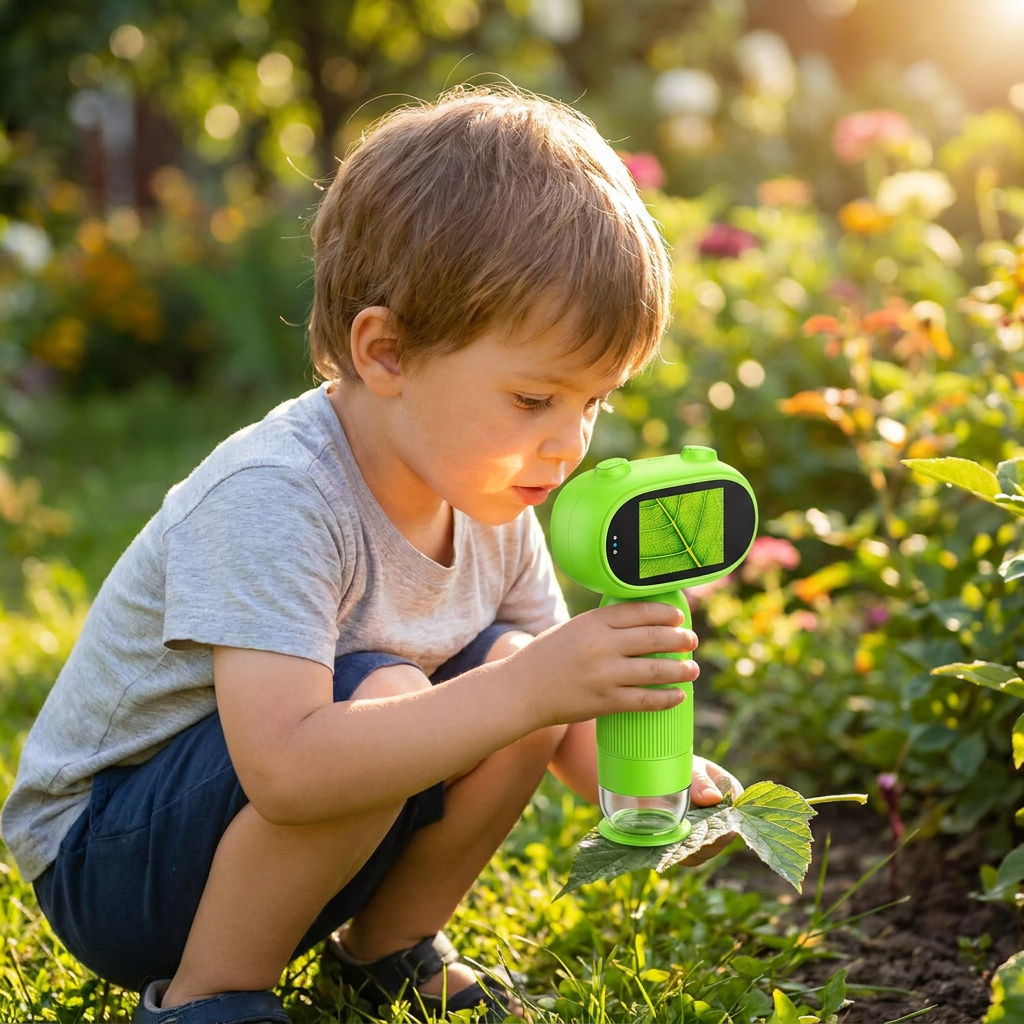 Child examining a leaf with a handheld microscope - lifestyle
