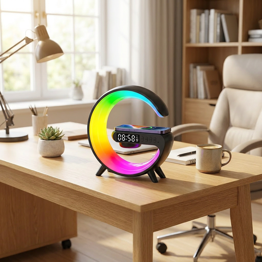 Digital desk clock on a home office desk - lifestyle