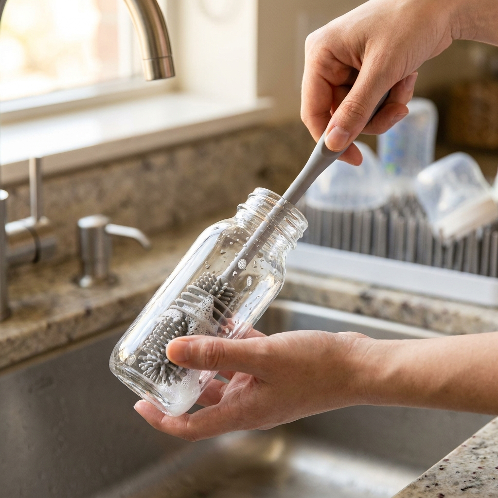 Cleaning a baby bottle with a bottle brush at a sink - lifestyle