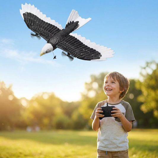 Child flying a remote control eagle bird in a park - lifestyle