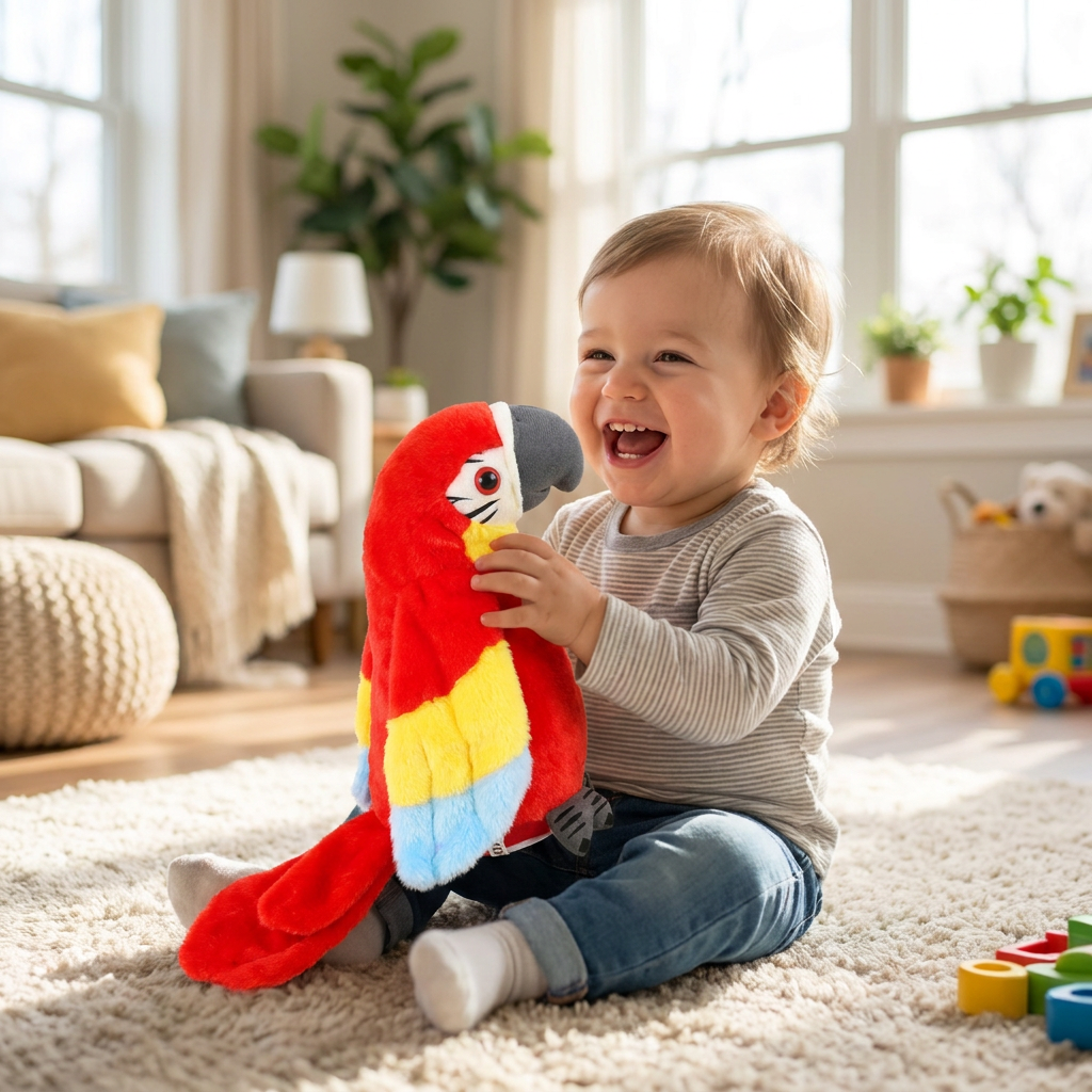 Child playing with a talking parrot plush toy - lifestyle