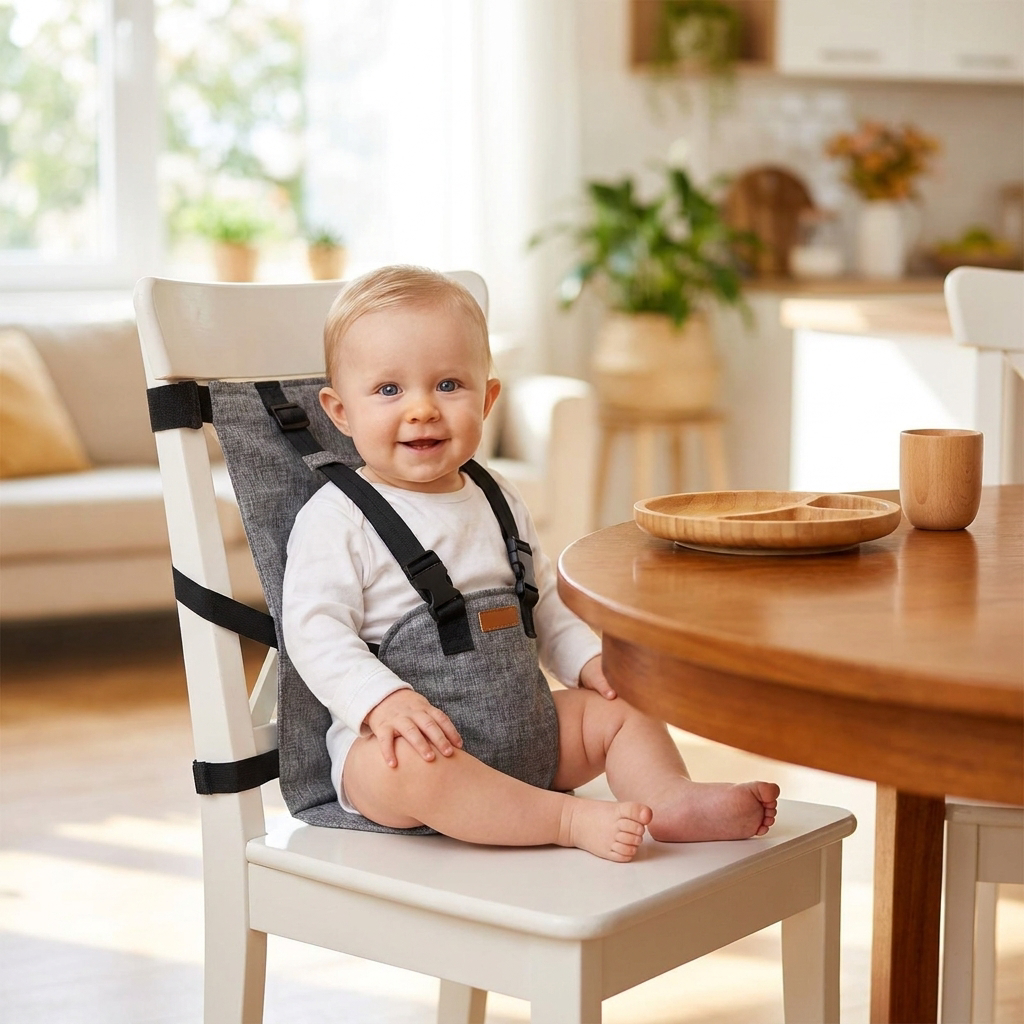 Baby seated in a compact travel high chair - lifestyle