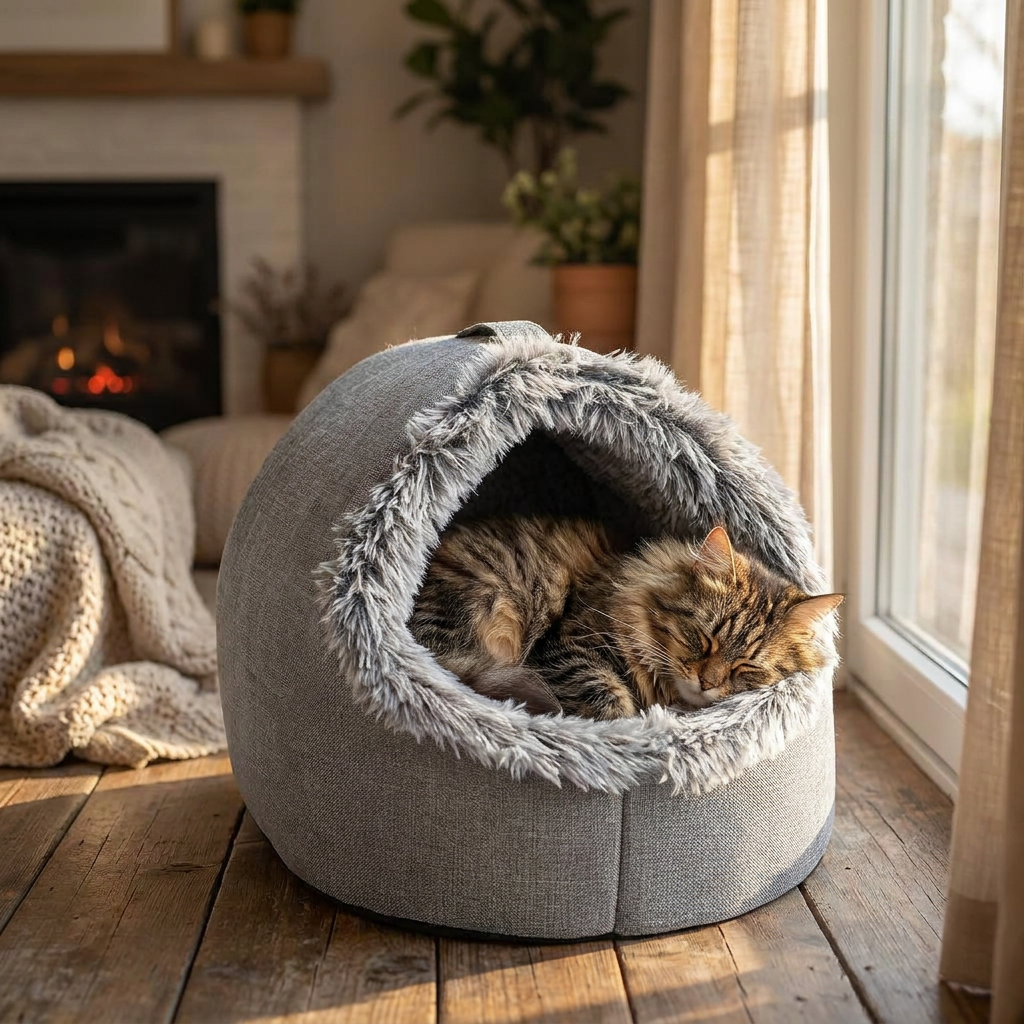 Cat sleeping in a cozy winter cat bed - lifestyle