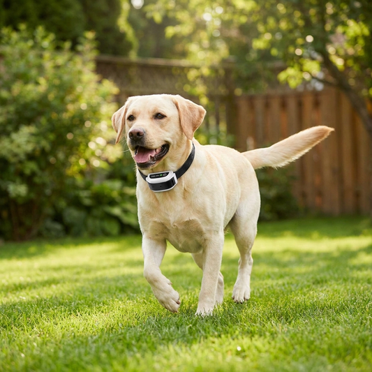Dog wearing a wireless fence collar in a backyard - lifestyle