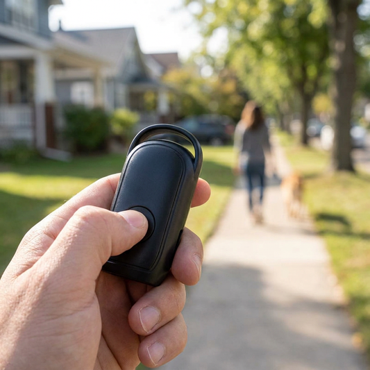 Ultrasonic dog repeller held on a neighborhood walk - lifestyle