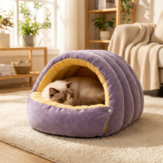 Cat curled up inside a fleece cat cave bed - lifestyle