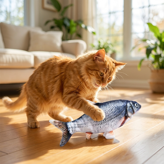 Cat playing with an interactive cat toy fish - lifestyle