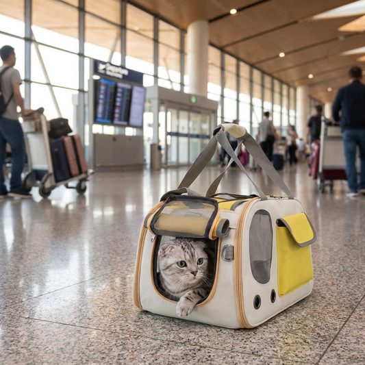 Cat sitting inside a travel pet carrier - lifestyle